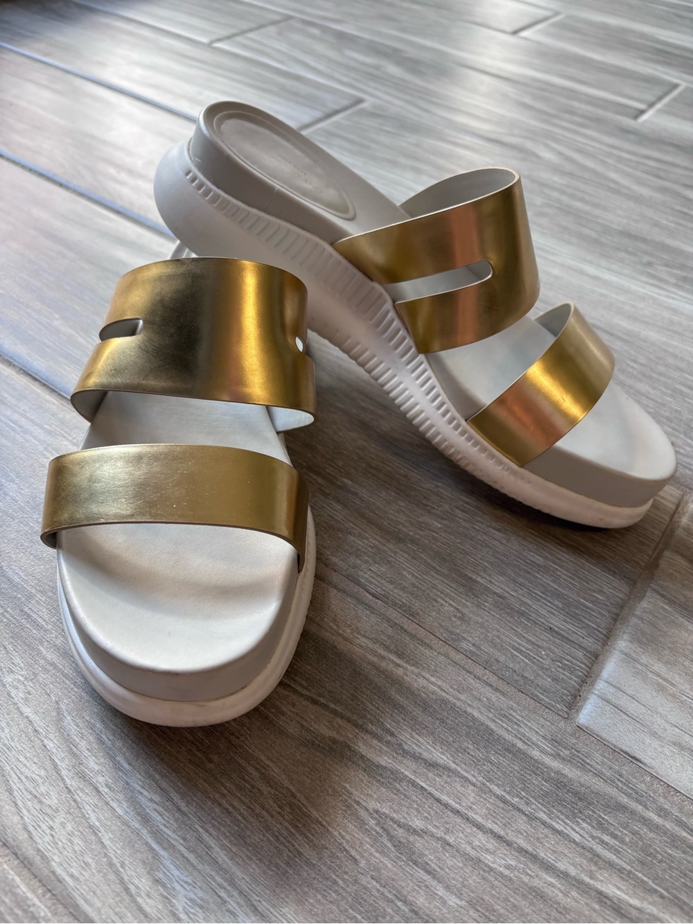 Cole Haan Metallic Gold Double‑Band Slide Sandals with White Sole